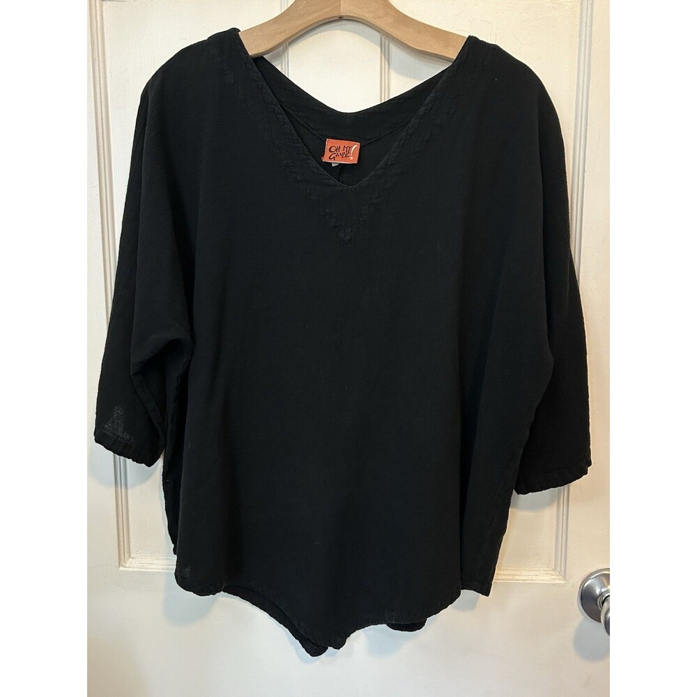Oh My Gauze Black Quarter Sleeve Lynn Top Size 2 Large Cotton V-Neck Asymmetric